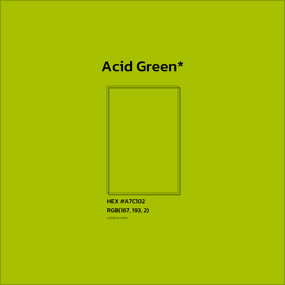 #A7C102 hex color. RGB, RYB, CMYK, HSL, HSV codes and color conversions. Matching color names, palettes, paints.