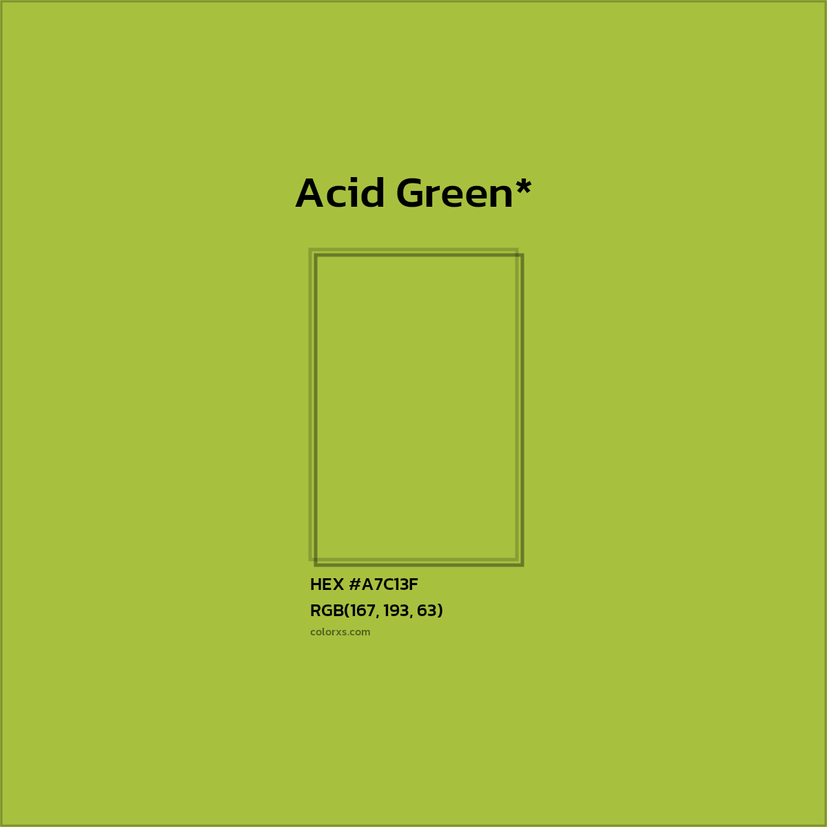 #A7C13F hex color. RGB, RYB, CMYK, HSL, HSV codes and color conversions. Matching color names, palettes, paints.