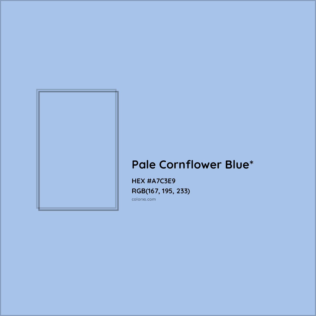 #A7C3E9 hex color. RGB, RYB, CMYK, HSL, HSV codes and color conversions. Matching color names, palettes, paints.