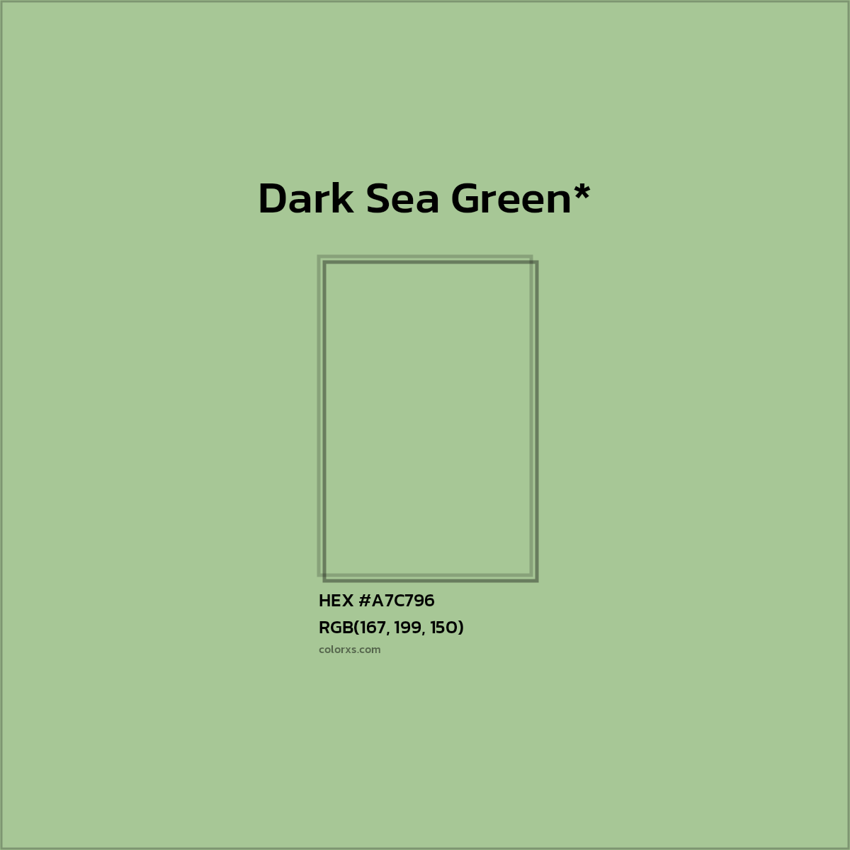 #A7C796 hex color. RGB, RYB, CMYK, HSL, HSV codes and color conversions. Matching color names, palettes, paints.