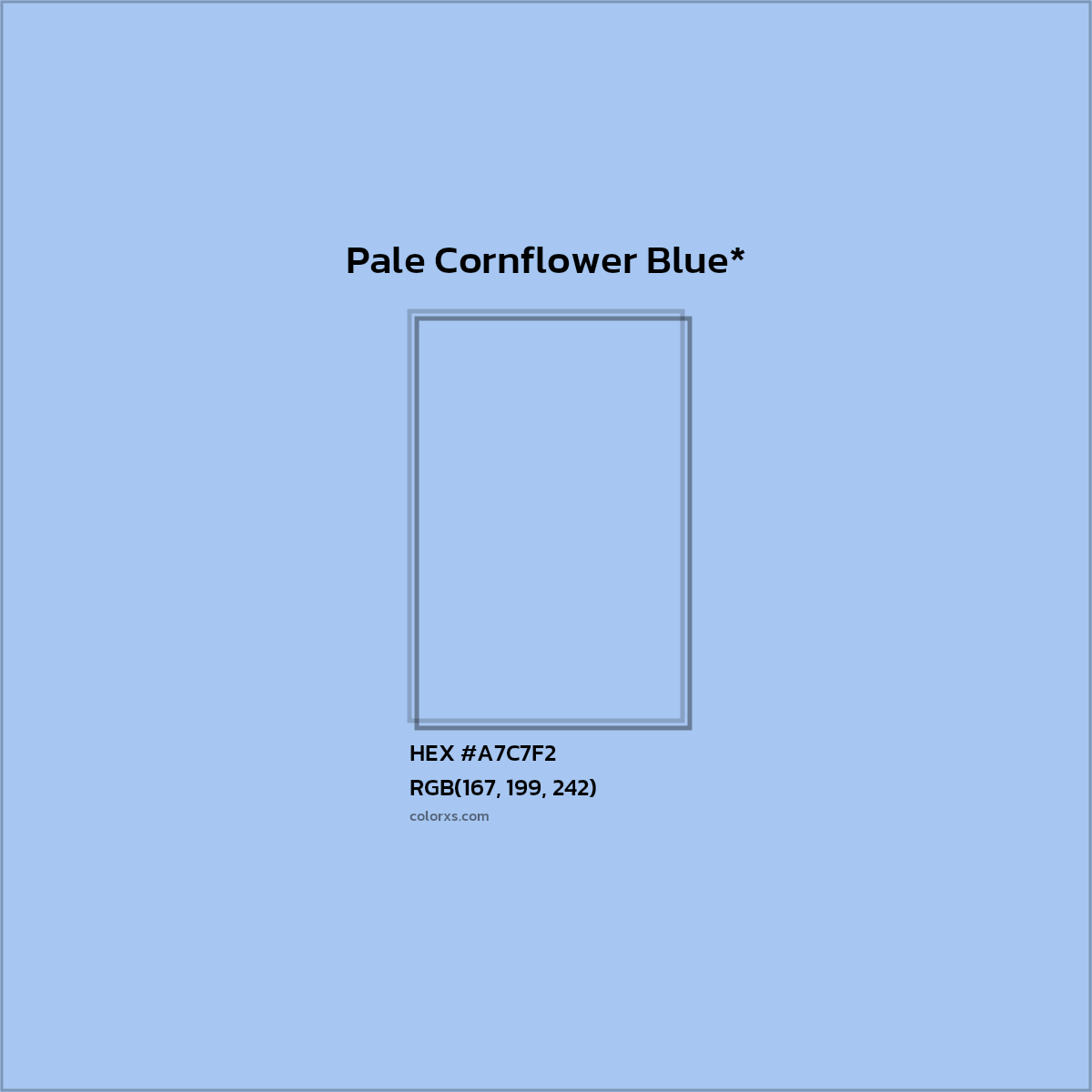 #A7C7F2 hex color. RGB, RYB, CMYK, HSL, HSV codes and color conversions. Matching color names, palettes, paints.