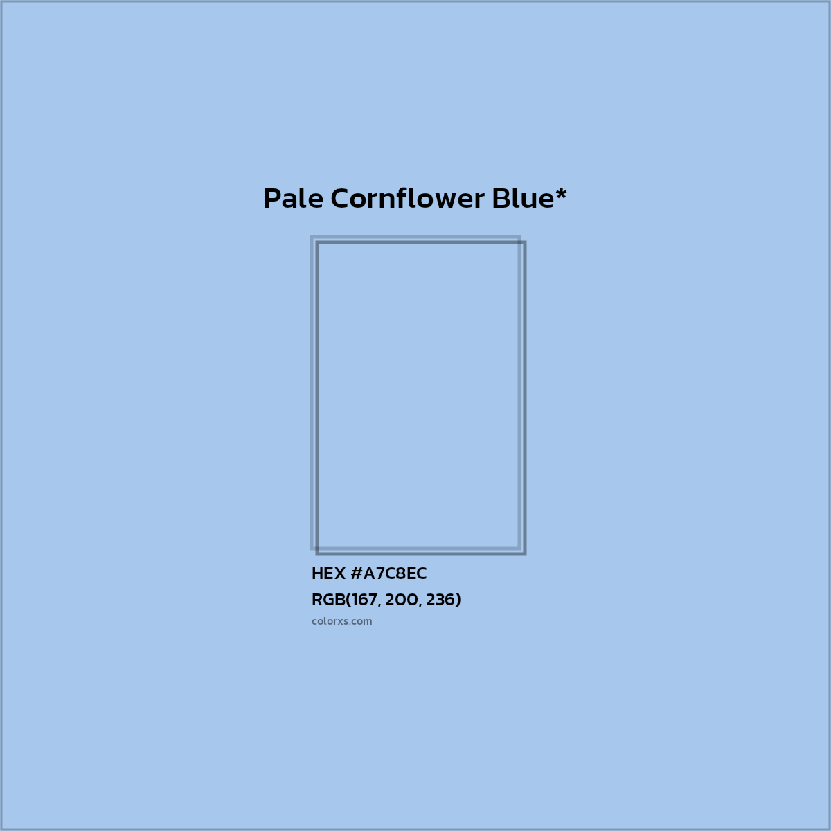 #A7C8EC hex color. RGB, RYB, CMYK, HSL, HSV codes and color conversions. Matching color names, palettes, paints.