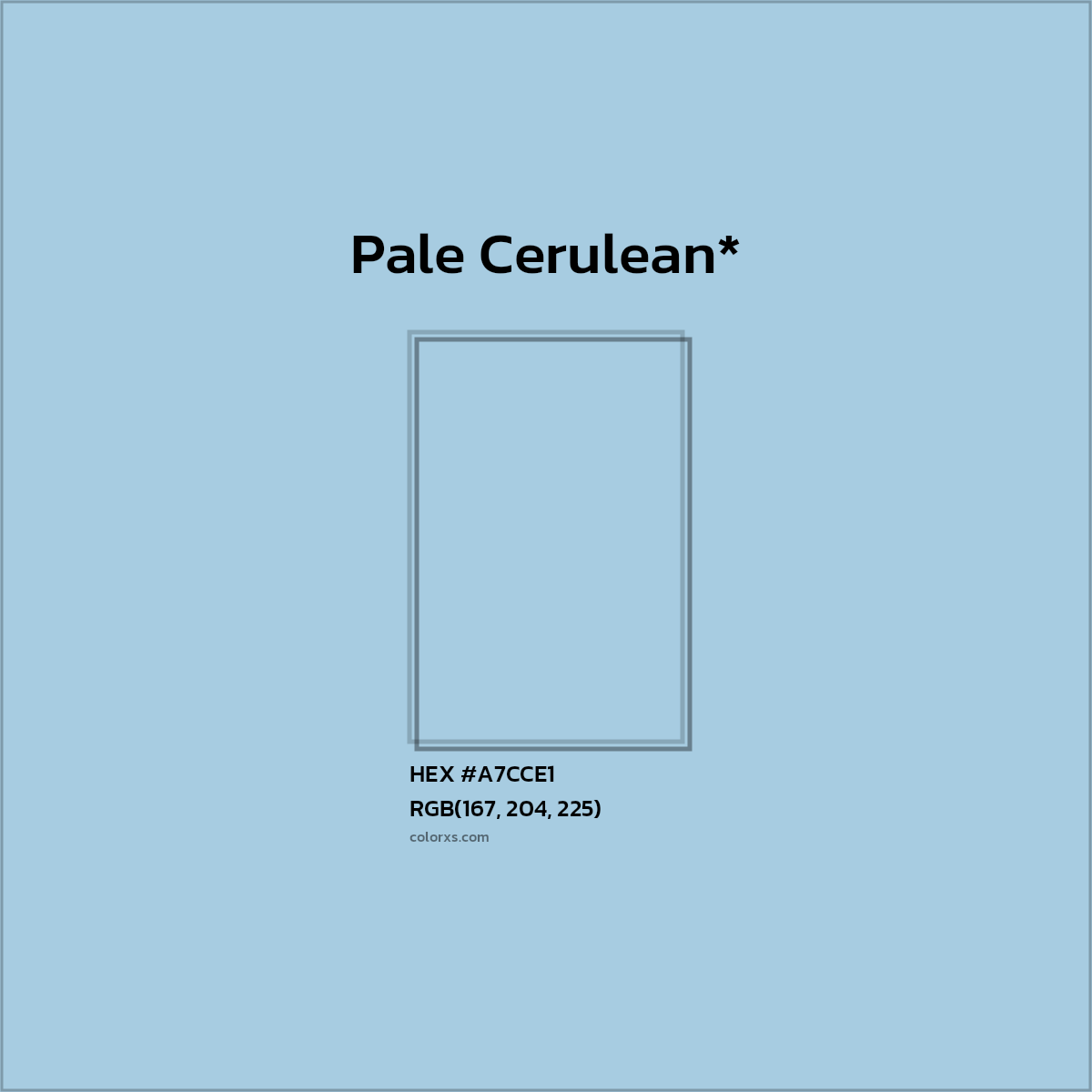 #A7CCE1 hex color. RGB, RYB, CMYK, HSL, HSV codes and color conversions. Matching color names, palettes, paints.