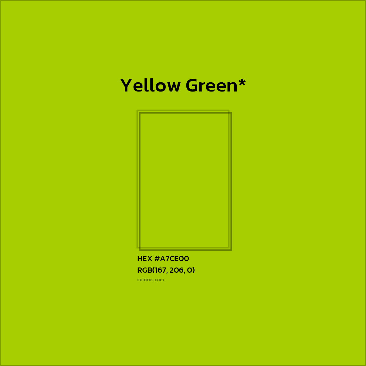 #A7CE00 hex color. RGB, RYB, CMYK, HSL, HSV codes and color conversions. Matching color names, palettes, paints.