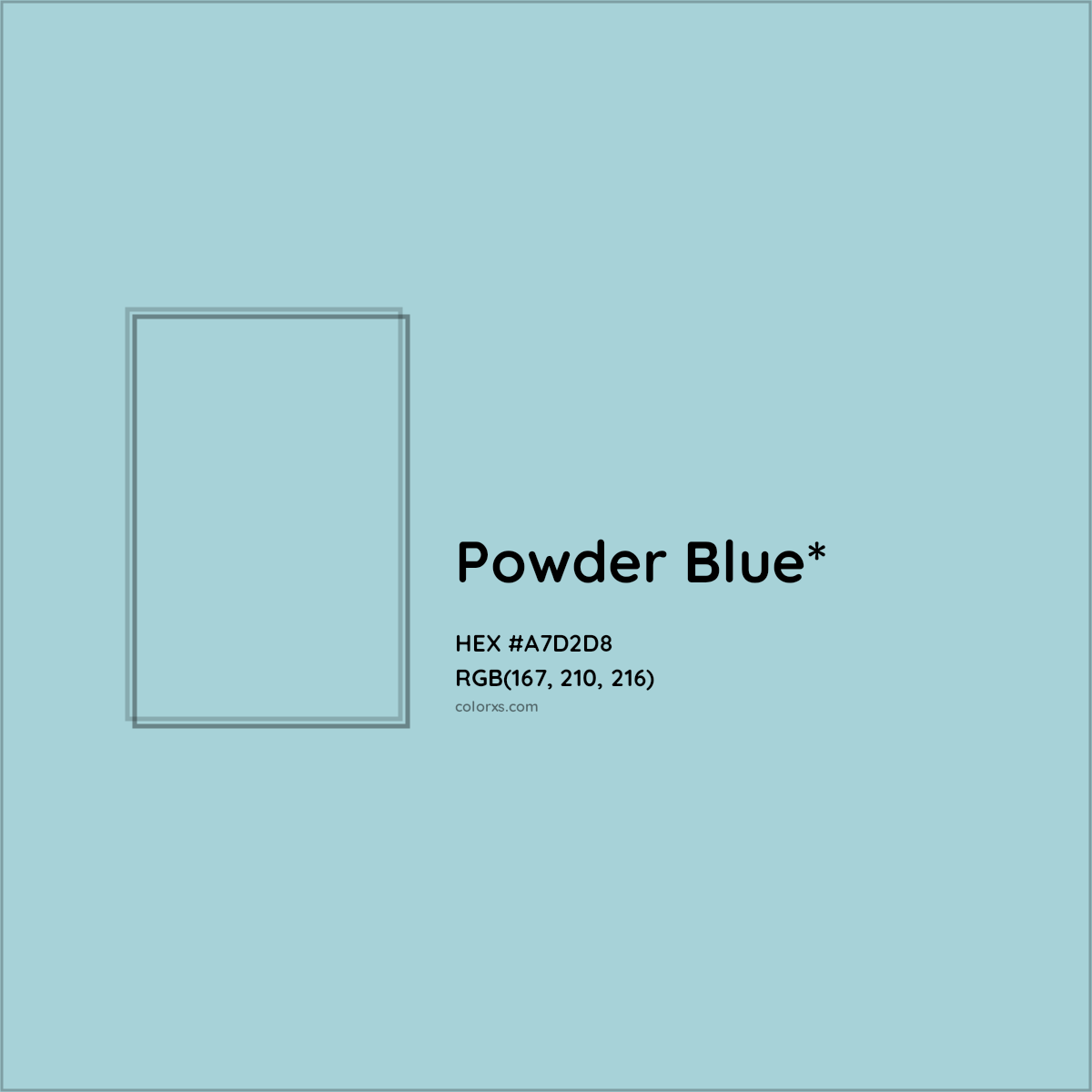 #A7D2D8 hex color. RGB, RYB, CMYK, HSL, HSV codes and color conversions. Matching color names, palettes, paints.