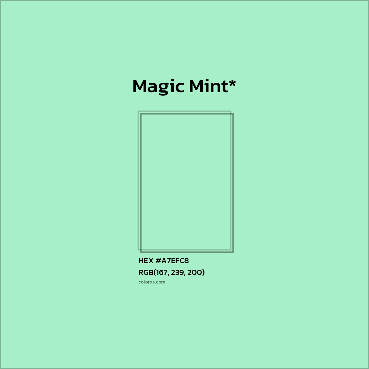 #A7EFC8 hex color. RGB, RYB, CMYK, HSL, HSV codes and color conversions. Matching color names, palettes, paints.