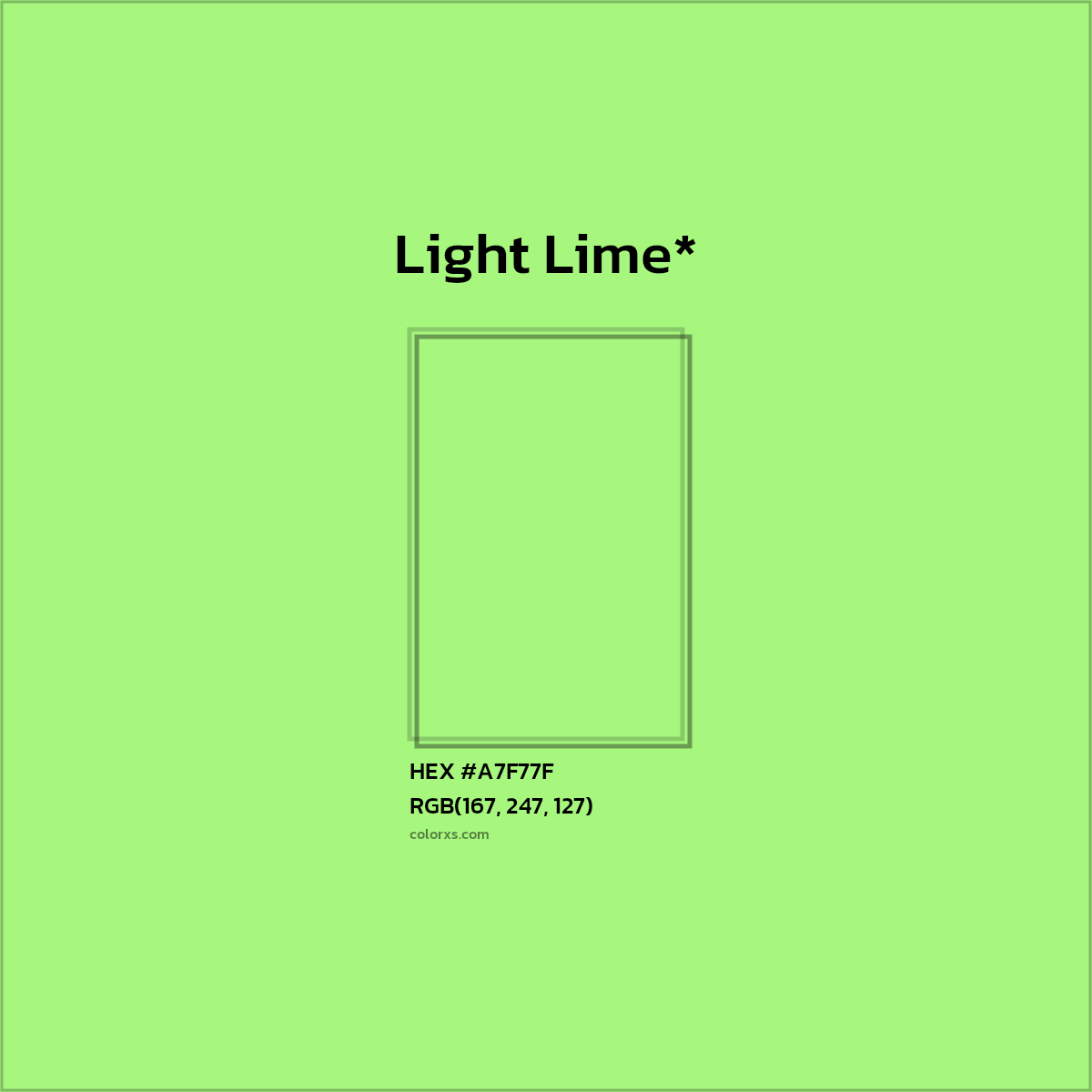#A7F77F hex color. RGB, RYB, CMYK, HSL, HSV codes and color conversions. Matching color names, palettes, paints.
