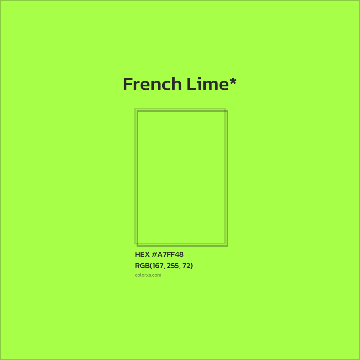 #A7FF48 hex color. RGB, RYB, CMYK, HSL, HSV codes and color conversions. Matching color names, palettes, paints.