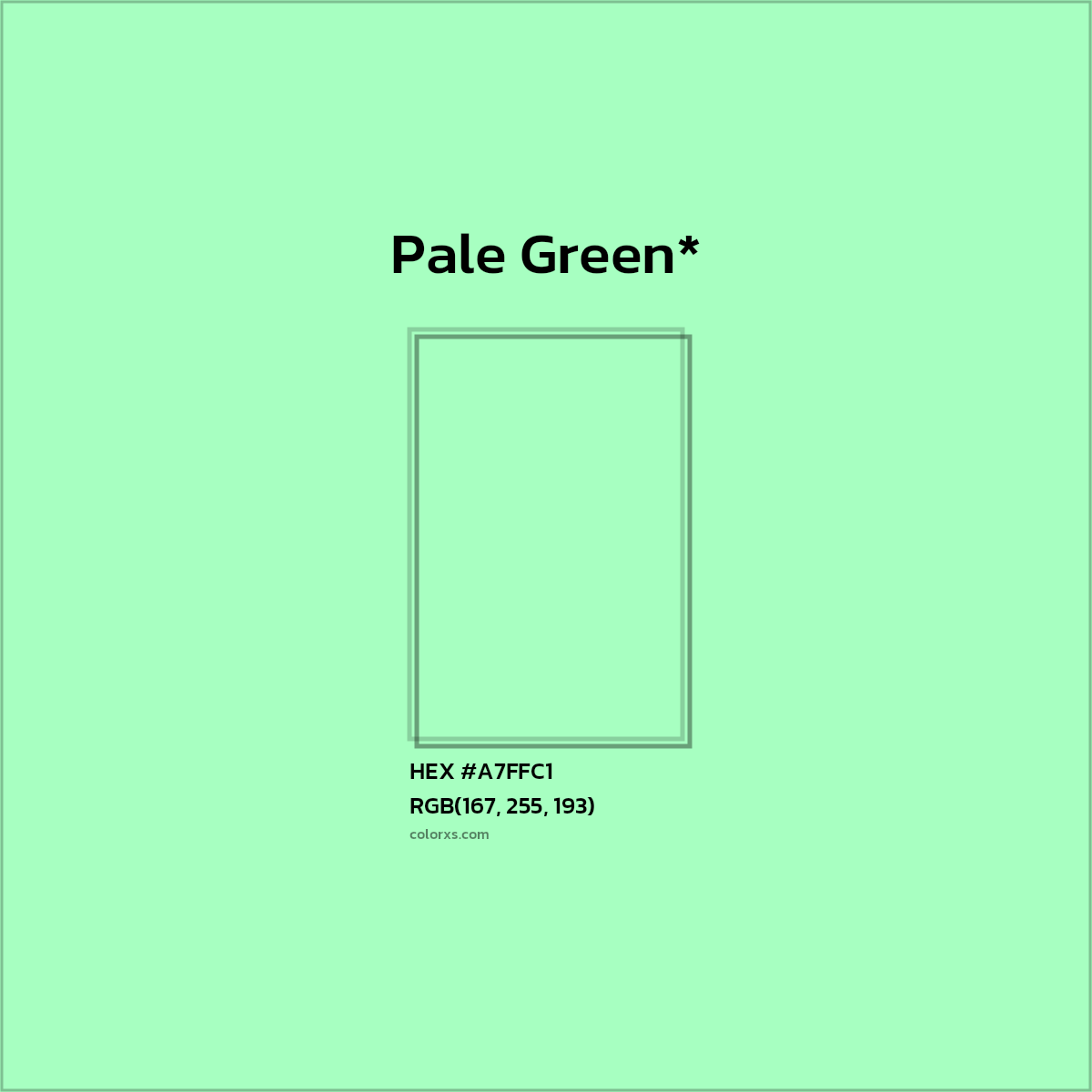 #A7FFC1 hex color. RGB, RYB, CMYK, HSL, HSV codes and color conversions. Matching color names, palettes, paints.