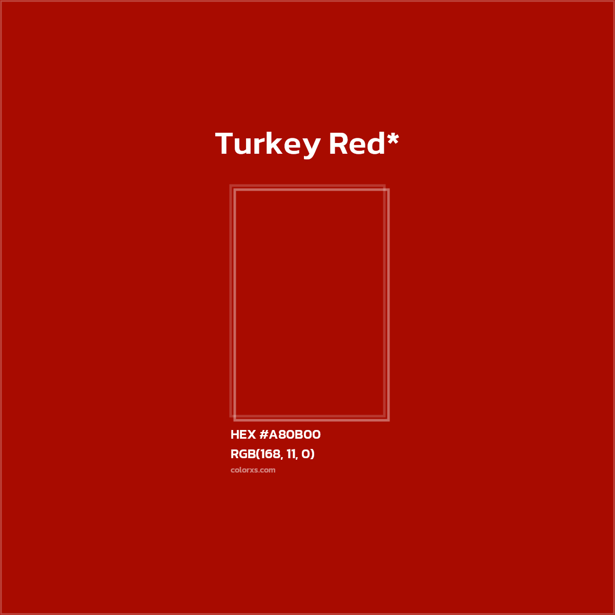 #A80B00 hex color. RGB, RYB, CMYK, HSL, HSV codes and color conversions. Matching color names, palettes, paints.