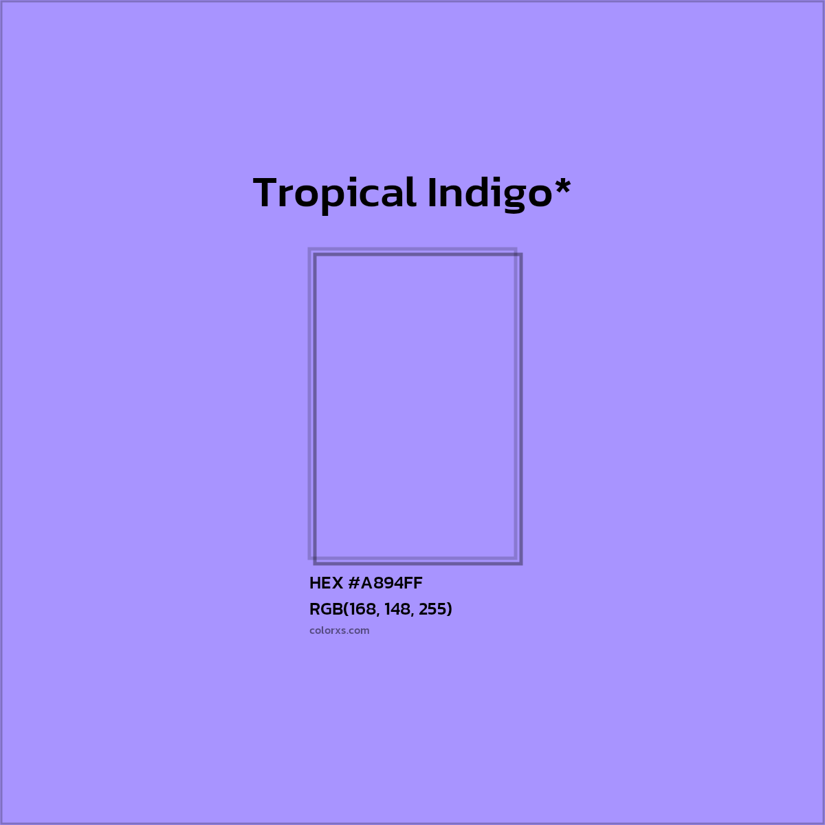#A894FF hex color. RGB, RYB, CMYK, HSL, HSV codes and color conversions. Matching color names, palettes, paints.