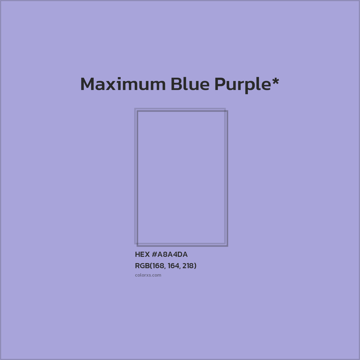 #A8A4DA hex color. RGB, RYB, CMYK, HSL, HSV codes and color conversions. Matching color names, palettes, paints.