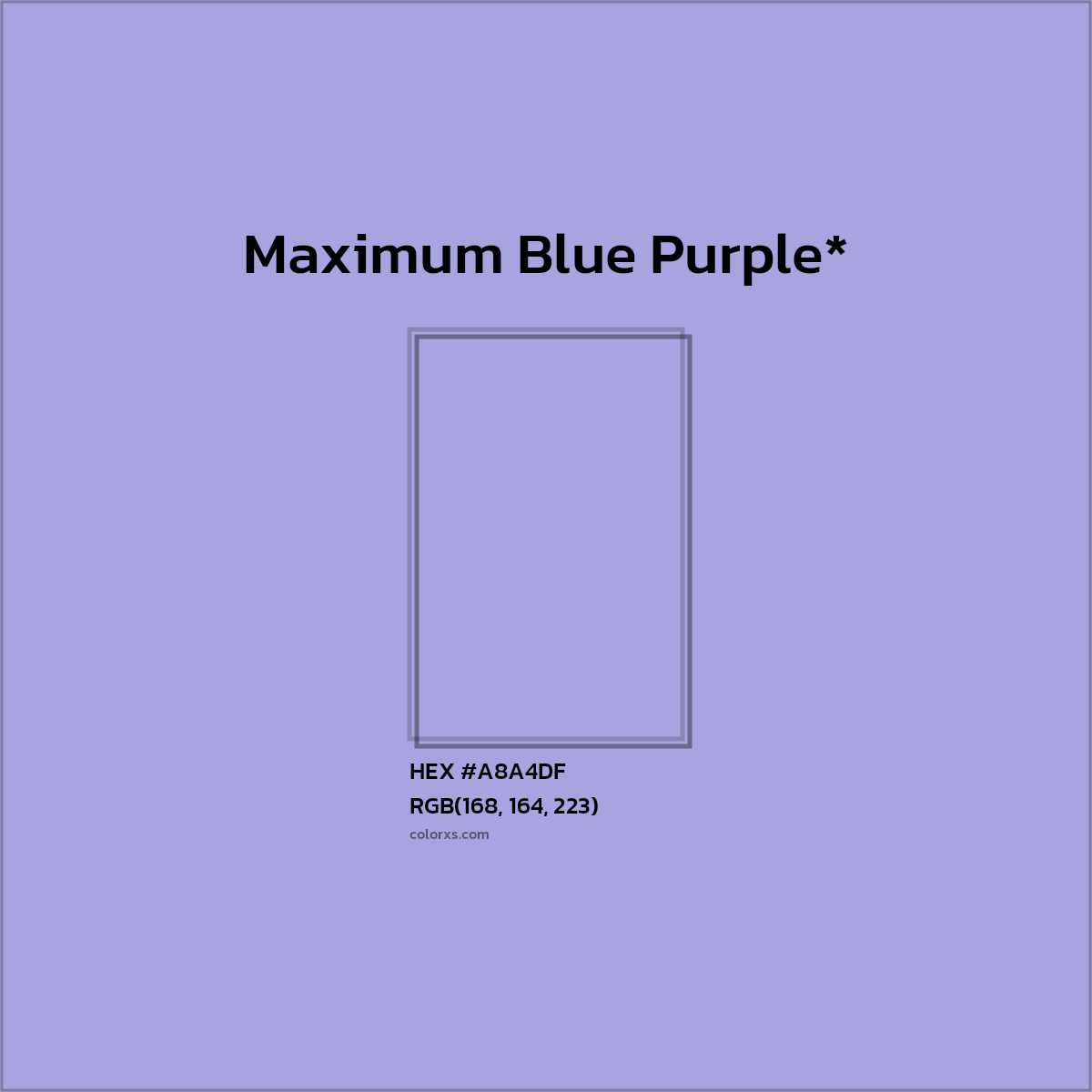 #A8A4DF hex color. RGB, RYB, CMYK, HSL, HSV codes and color conversions. Matching color names, palettes, paints.