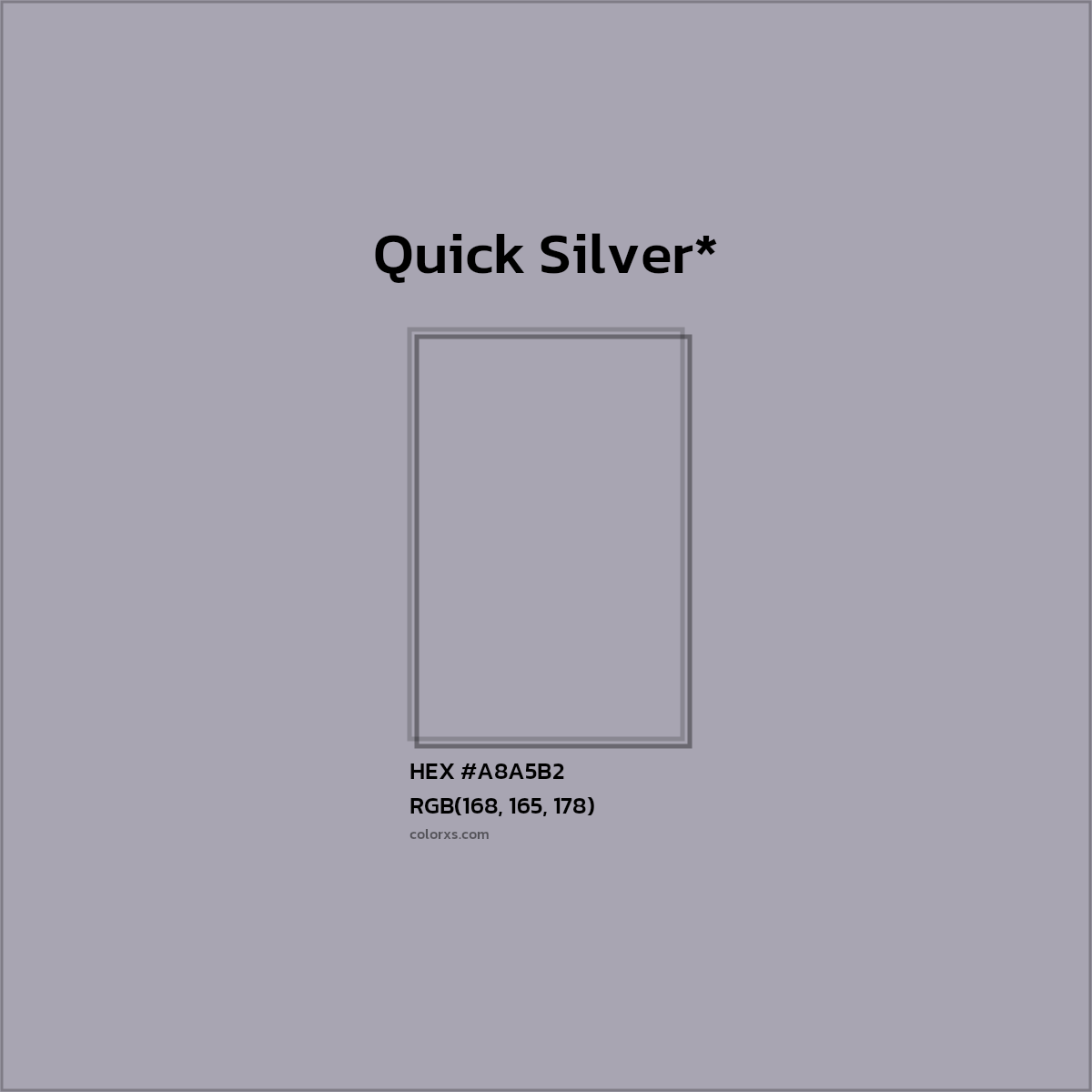 #A8A5B2 hex color. RGB, RYB, CMYK, HSL, HSV codes and color conversions. Matching color names, palettes, paints.
