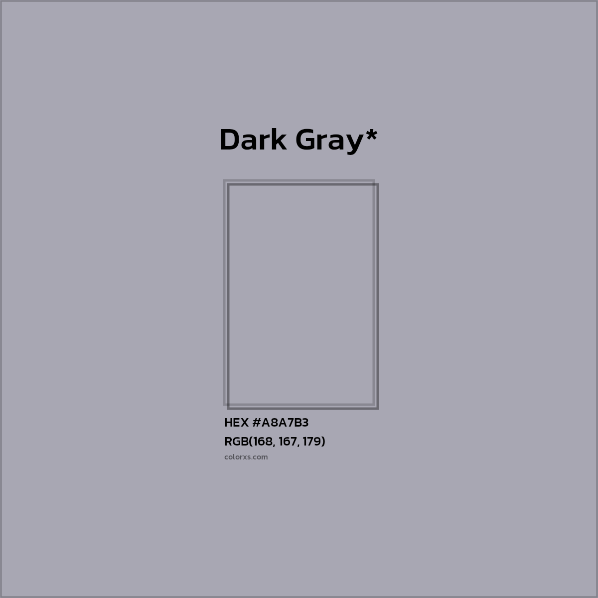 #A8A7B3 hex color. RGB, RYB, CMYK, HSL, HSV codes and color conversions. Matching color names, palettes, paints.