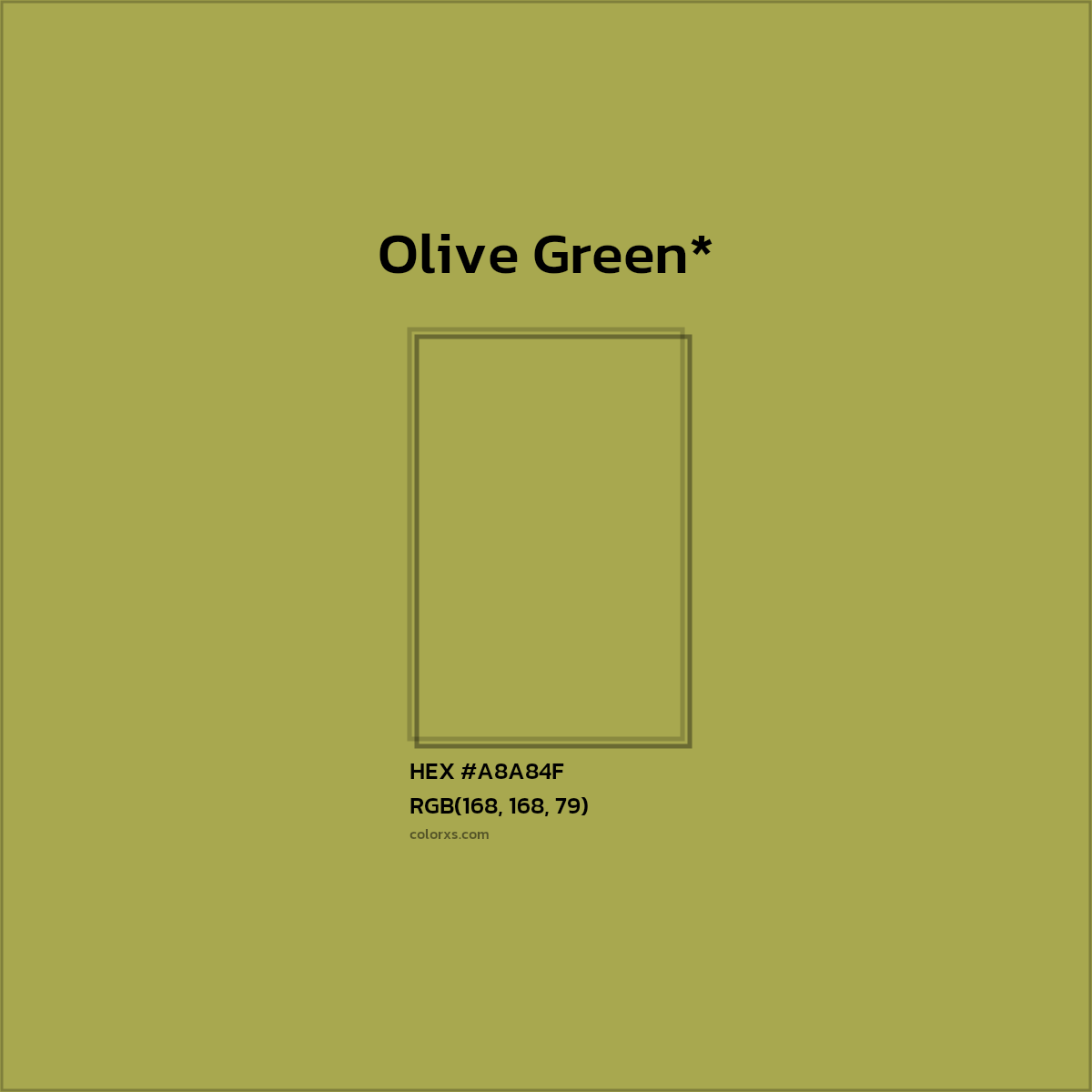#A8A84F hex color. RGB, RYB, CMYK, HSL, HSV codes and color conversions. Matching color names, palettes, paints.
