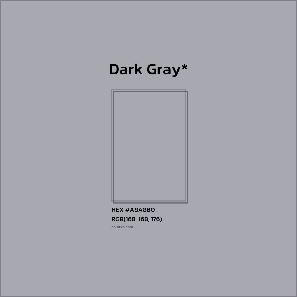 #A8A8B0 hex color. RGB, RYB, CMYK, HSL, HSV codes and color conversions. Matching color names, palettes, paints.