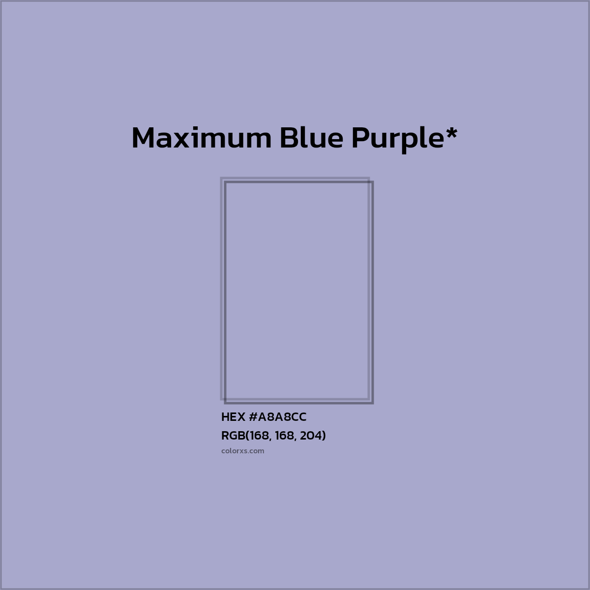 #A8A8CC hex color. RGB, RYB, CMYK, HSL, HSV codes and color conversions. Matching color names, palettes, paints.