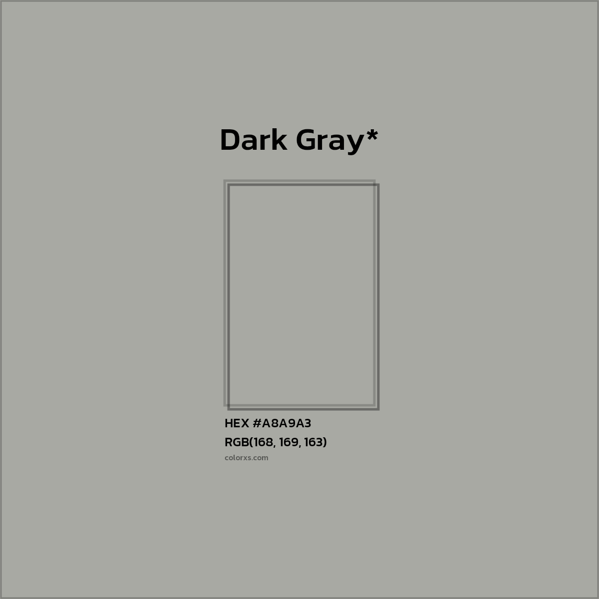 #A8A9A3 hex color. RGB, RYB, CMYK, HSL, HSV codes and color conversions. Matching color names, palettes, paints.