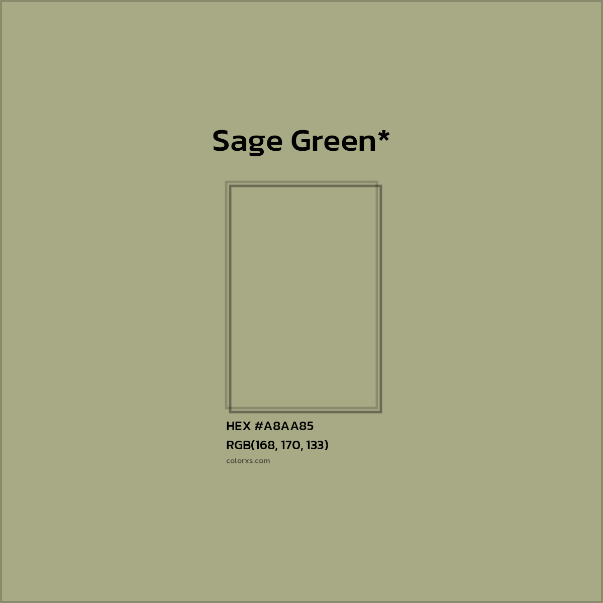 #A8AA85 hex color. RGB, RYB, CMYK, HSL, HSV codes and color conversions. Matching color names, palettes, paints.