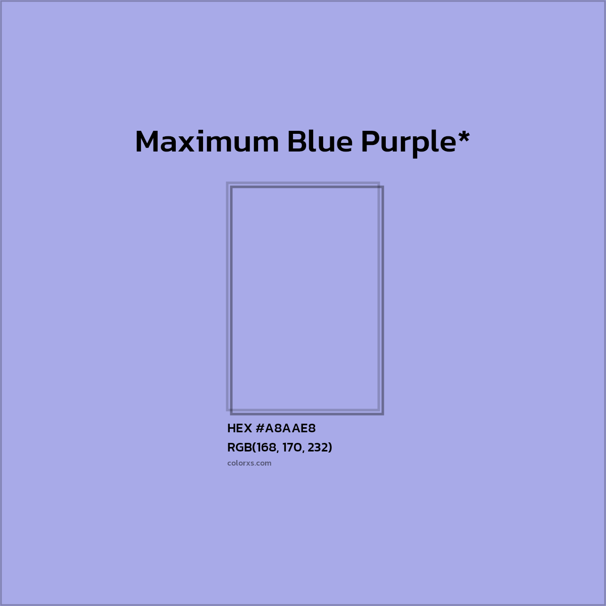 #A8AAE8 hex color. RGB, RYB, CMYK, HSL, HSV codes and color conversions. Matching color names, palettes, paints.