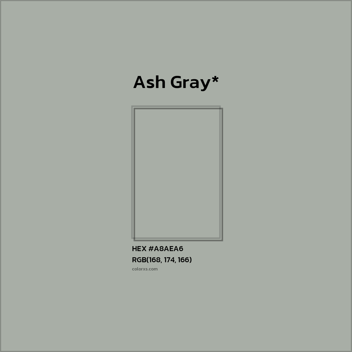 #A8AEA6 hex color. RGB, RYB, CMYK, HSL, HSV codes and color conversions. Matching color names, palettes, paints.