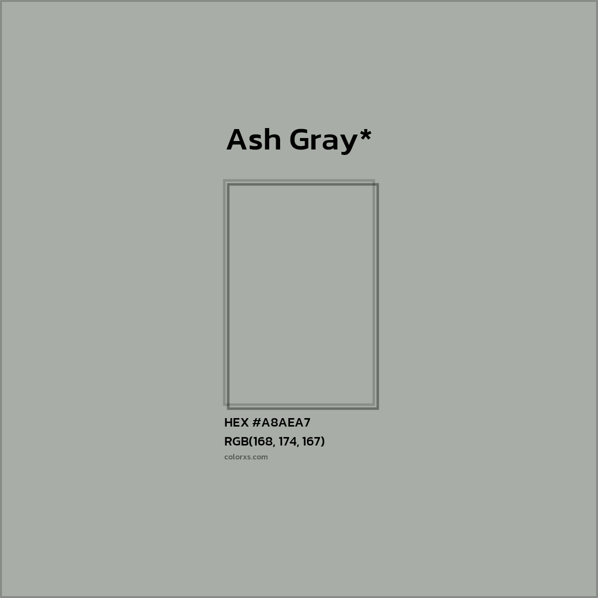#A8AEA7 hex color. RGB, RYB, CMYK, HSL, HSV codes and color conversions. Matching color names, palettes, paints.
