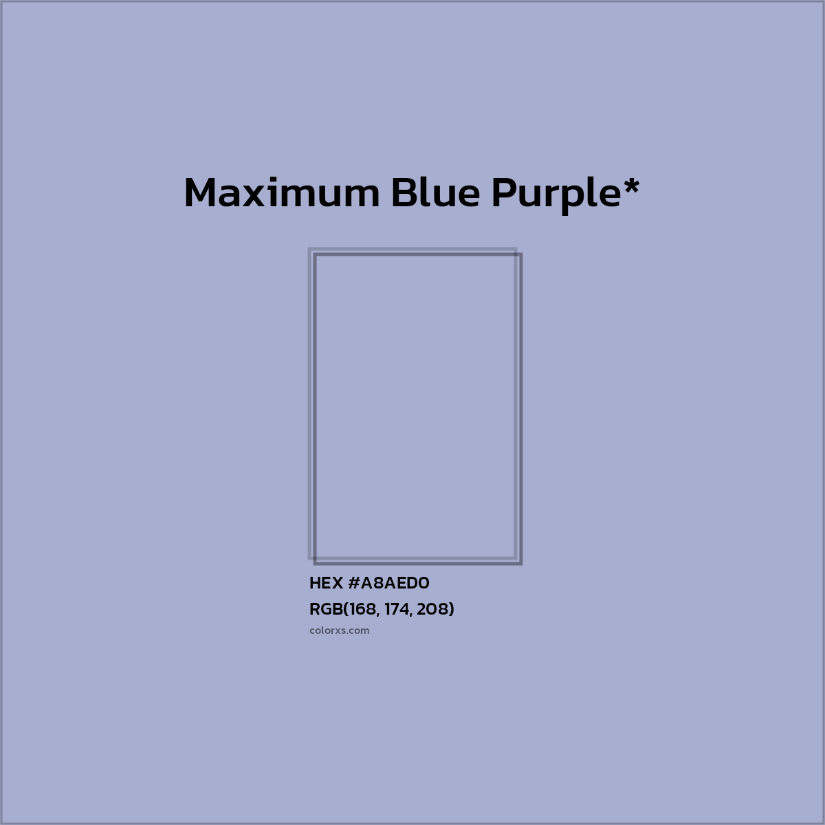 #A8AED0 hex color. RGB, RYB, CMYK, HSL, HSV codes and color conversions. Matching color names, palettes, paints.