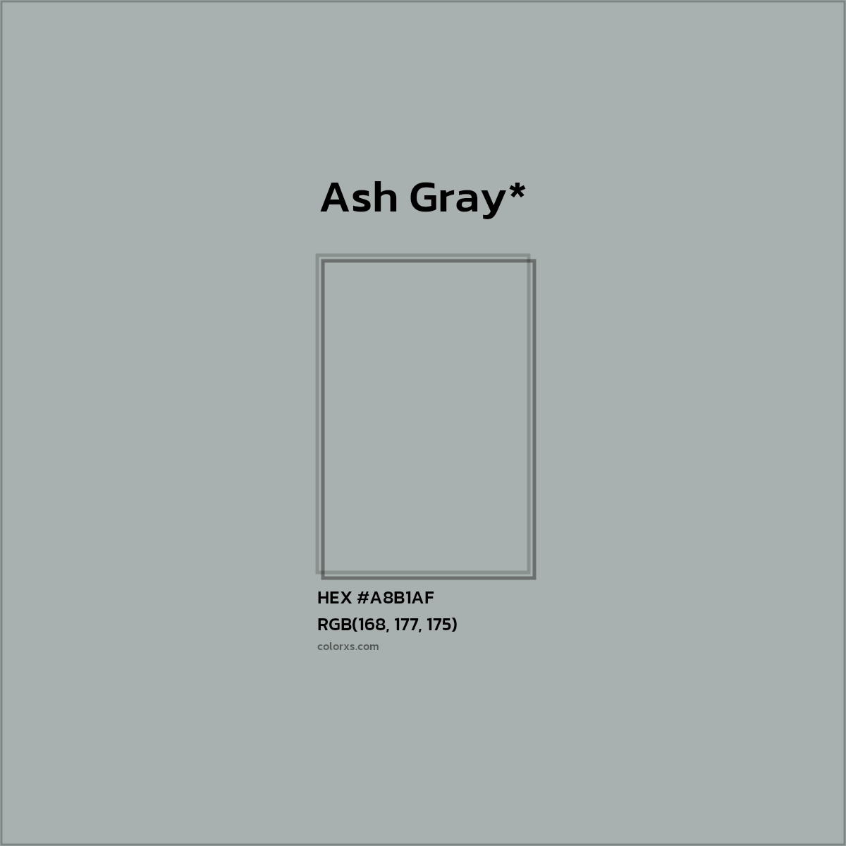 #A8B1AF hex color. RGB, RYB, CMYK, HSL, HSV codes and color conversions. Matching color names, palettes, paints.