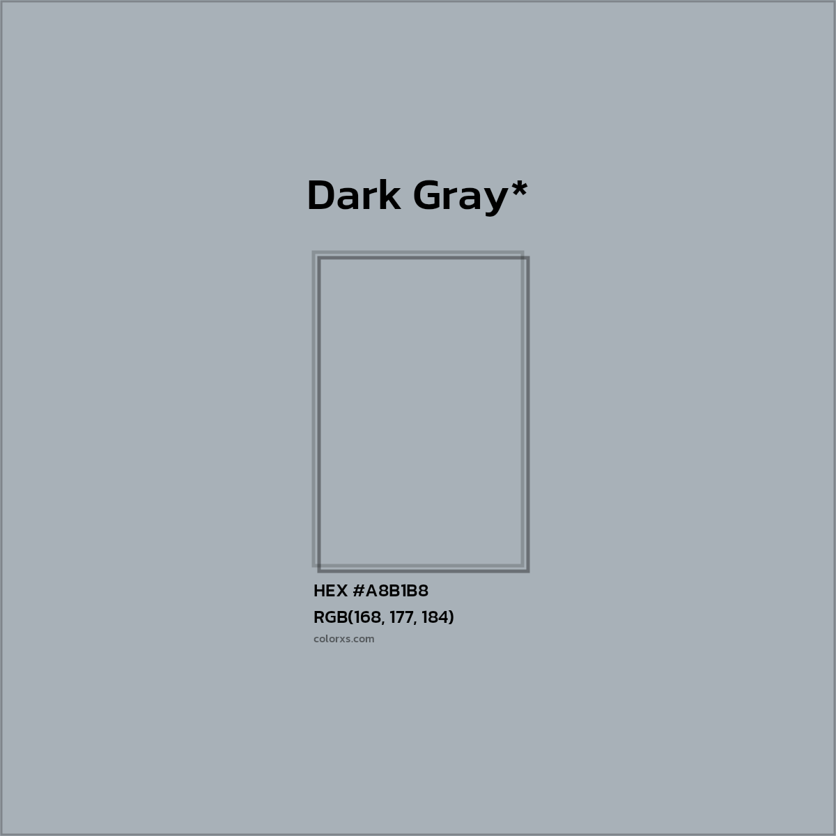 #A8B1B8 hex color. RGB, RYB, CMYK, HSL, HSV codes and color conversions. Matching color names, palettes, paints.