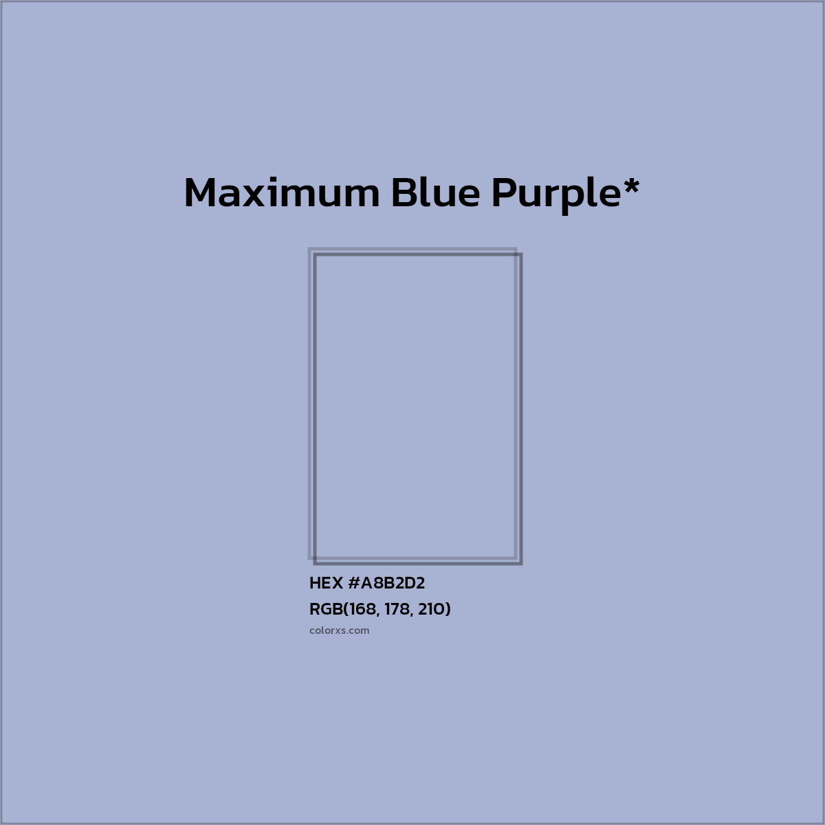 #A8B2D2 hex color. RGB, RYB, CMYK, HSL, HSV codes and color conversions. Matching color names, palettes, paints.