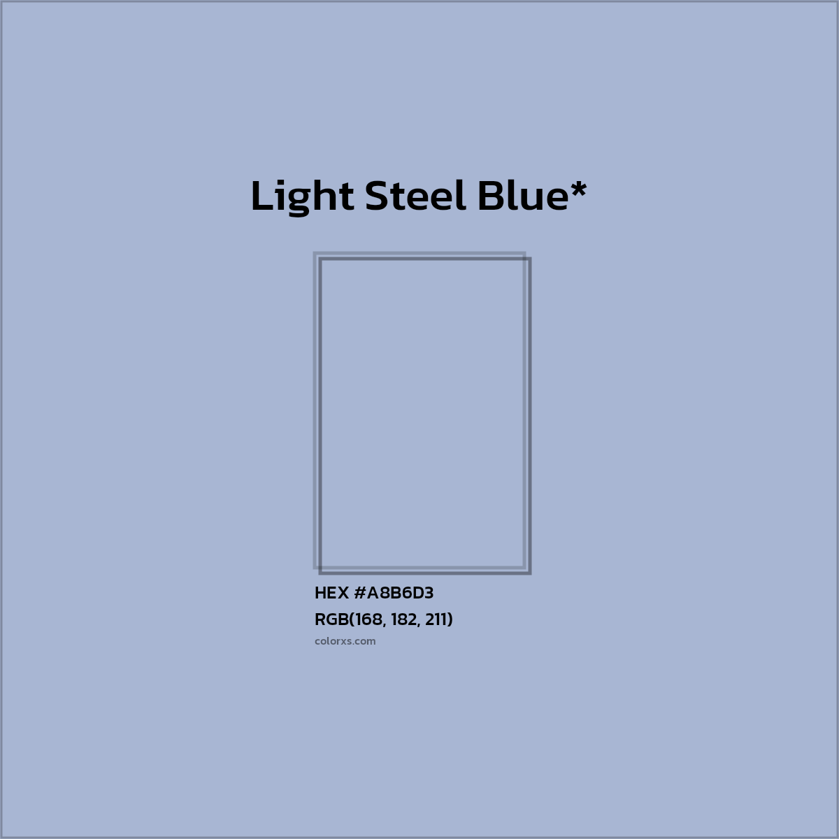 #A8B6D3 hex color. RGB, RYB, CMYK, HSL, HSV codes and color conversions. Matching color names, palettes, paints.