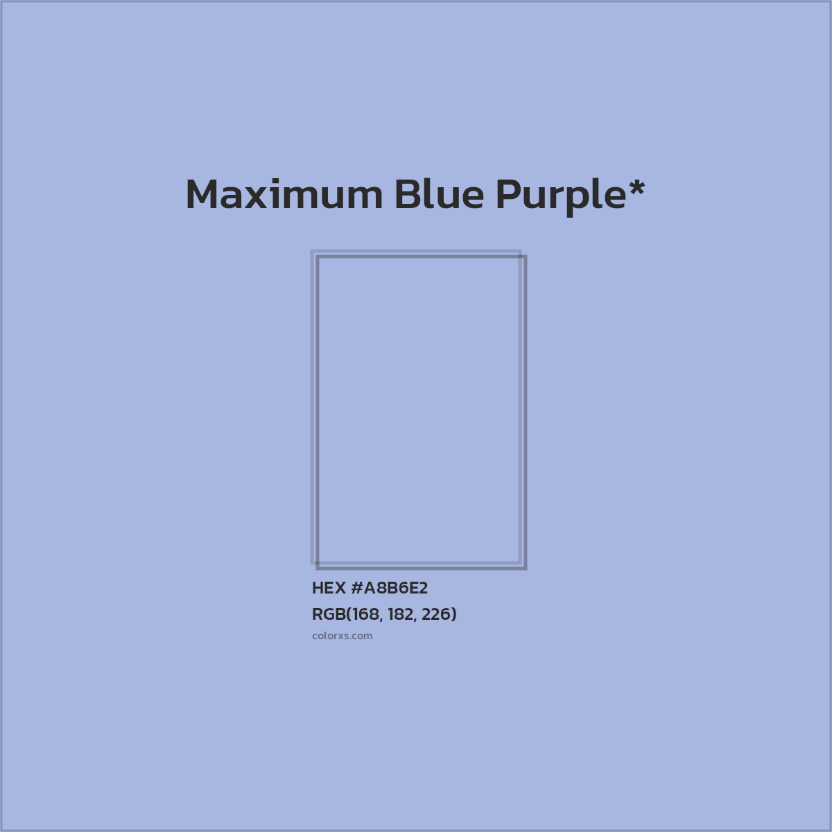 #A8B6E2 hex color. RGB, RYB, CMYK, HSL, HSV codes and color conversions. Matching color names, palettes, paints.