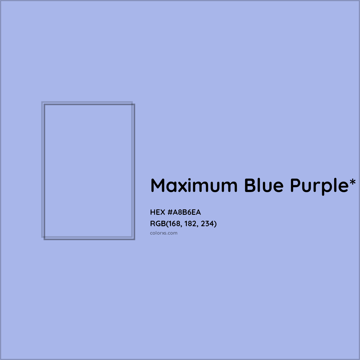 #A8B6EA hex color. RGB, RYB, CMYK, HSL, HSV codes and color conversions. Matching color names, palettes, paints.