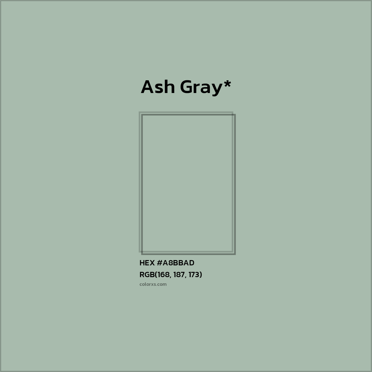 #A8BBAD hex color. RGB, RYB, CMYK, HSL, HSV codes and color conversions. Matching color names, palettes, paints.