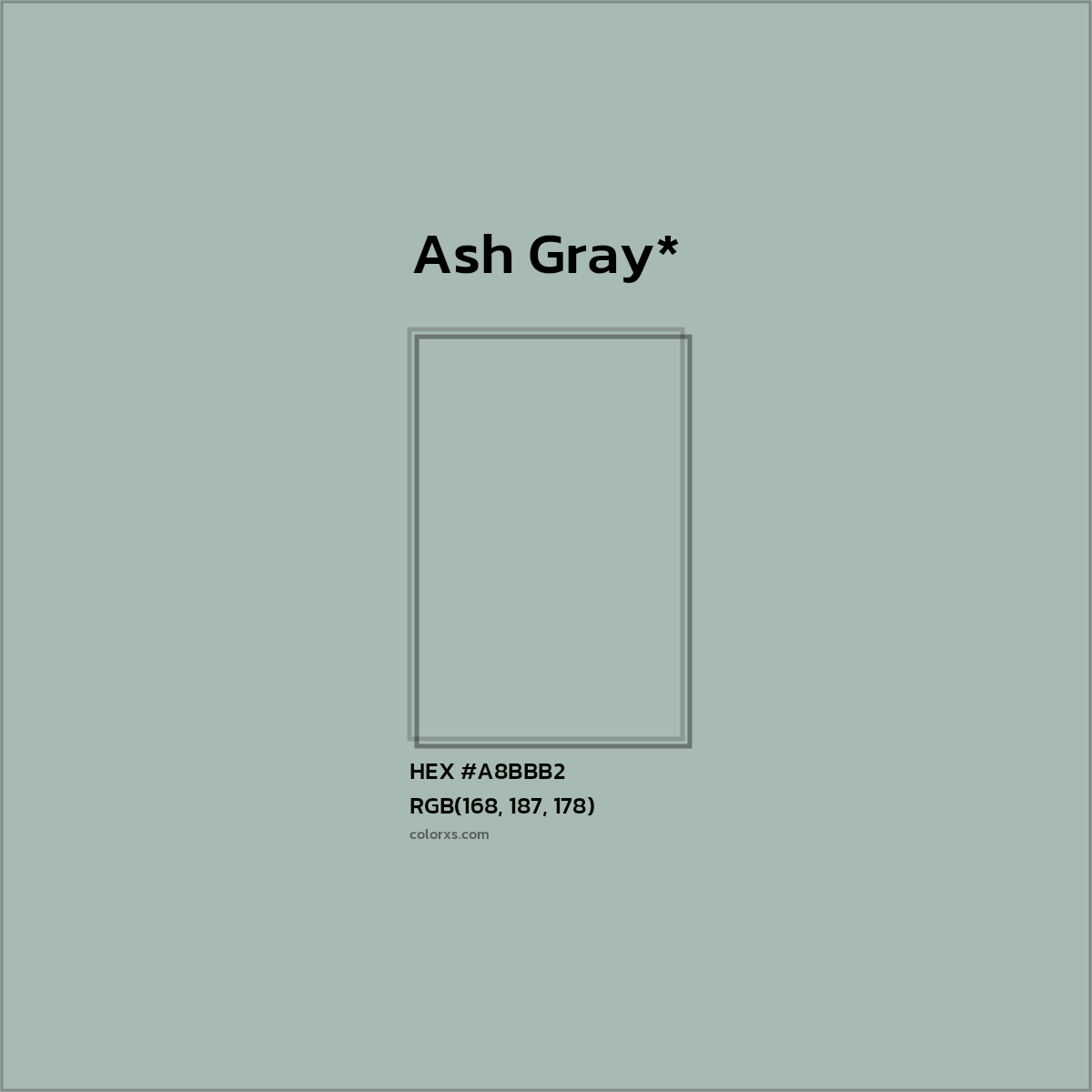 #A8BBB2 hex color. RGB, RYB, CMYK, HSL, HSV codes and color conversions. Matching color names, palettes, paints.