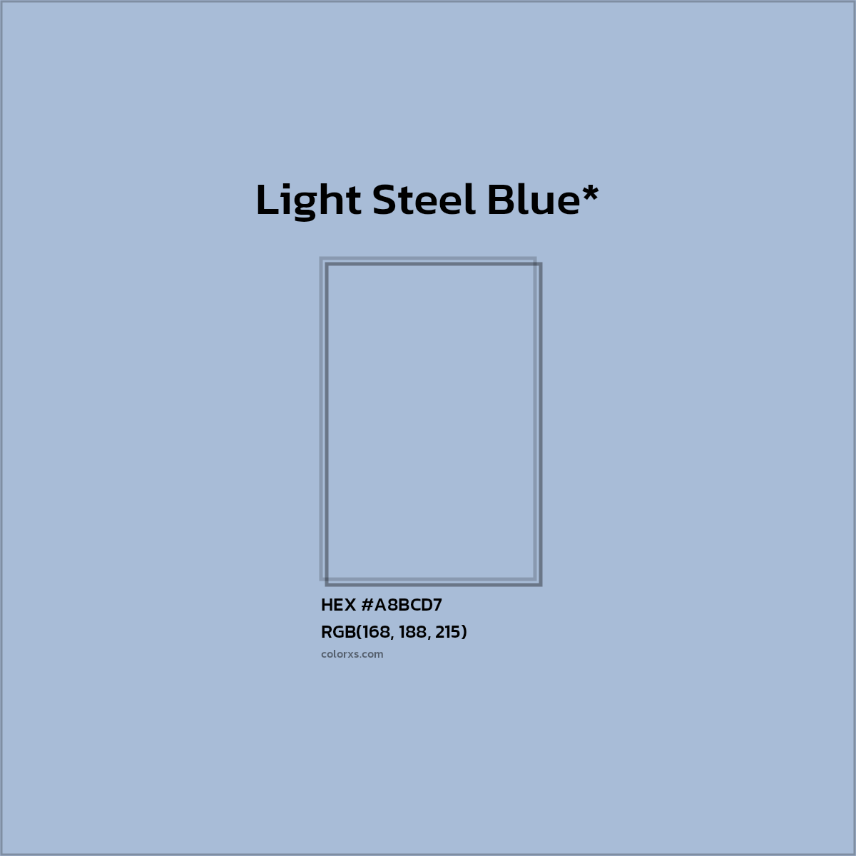 #A8BCD7 hex color. RGB, RYB, CMYK, HSL, HSV codes and color conversions. Matching color names, palettes, paints.