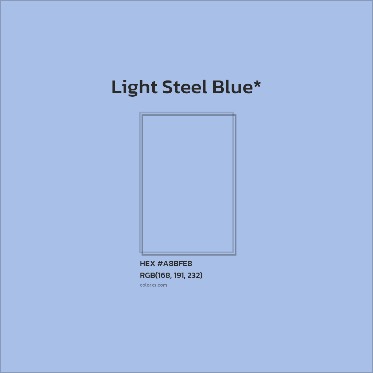 #A8BFE8 hex color. RGB, RYB, CMYK, HSL, HSV codes and color conversions. Matching color names, palettes, paints.