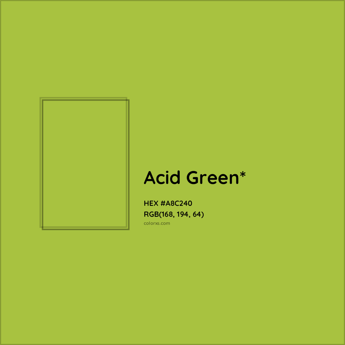 #A8C240 hex color. RGB, RYB, CMYK, HSL, HSV codes and color conversions. Matching color names, palettes, paints.
