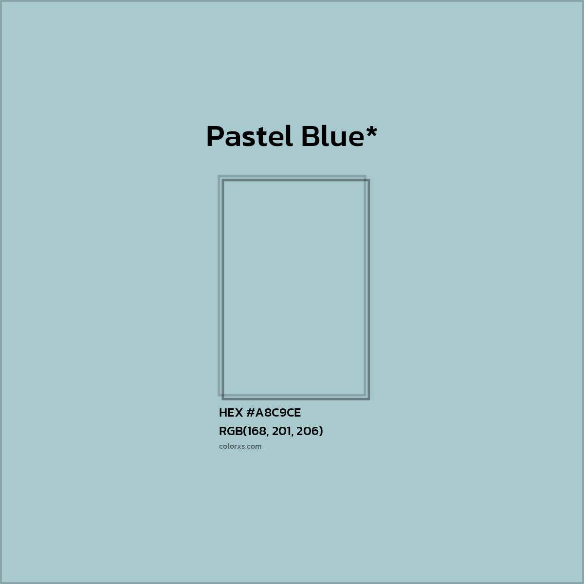 #A8C9CE hex color. RGB, RYB, CMYK, HSL, HSV codes and color conversions. Matching color names, palettes, paints.