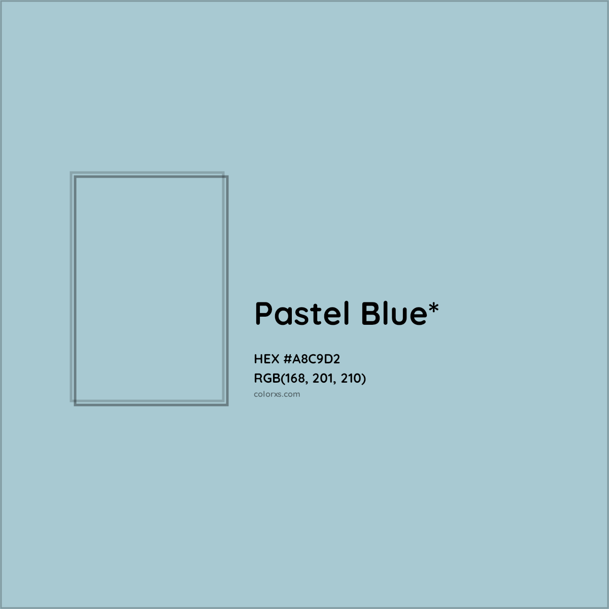 #A8C9D2 hex color. RGB, RYB, CMYK, HSL, HSV codes and color conversions. Matching color names, palettes, paints.