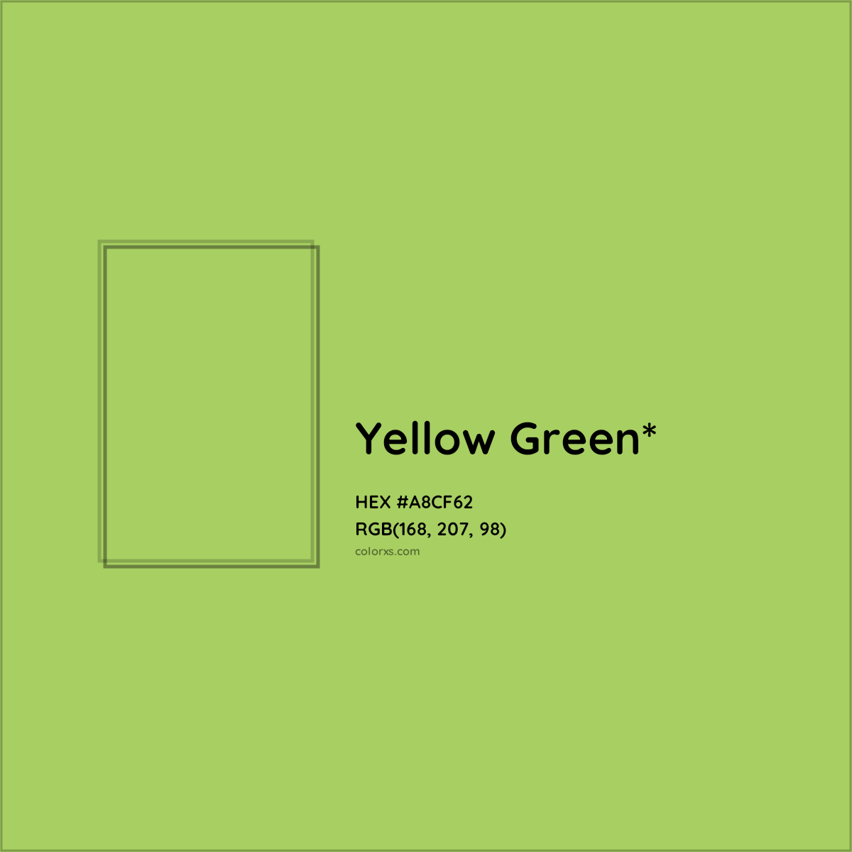 #A8CF62 hex color. RGB, RYB, CMYK, HSL, HSV codes and color conversions. Matching color names, palettes, paints.