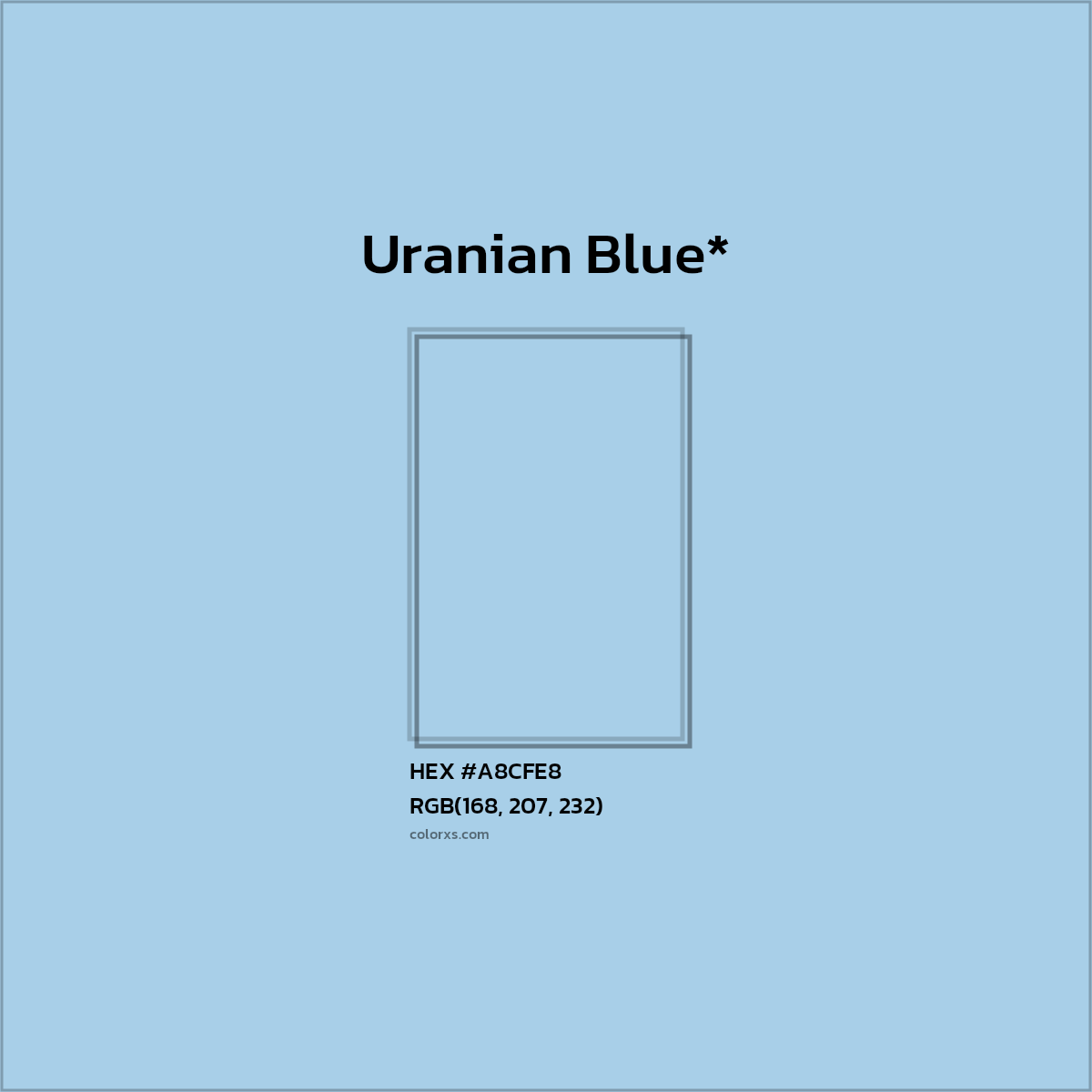 #A8CFE8 hex color. RGB, RYB, CMYK, HSL, HSV codes and color conversions. Matching color names, palettes, paints.