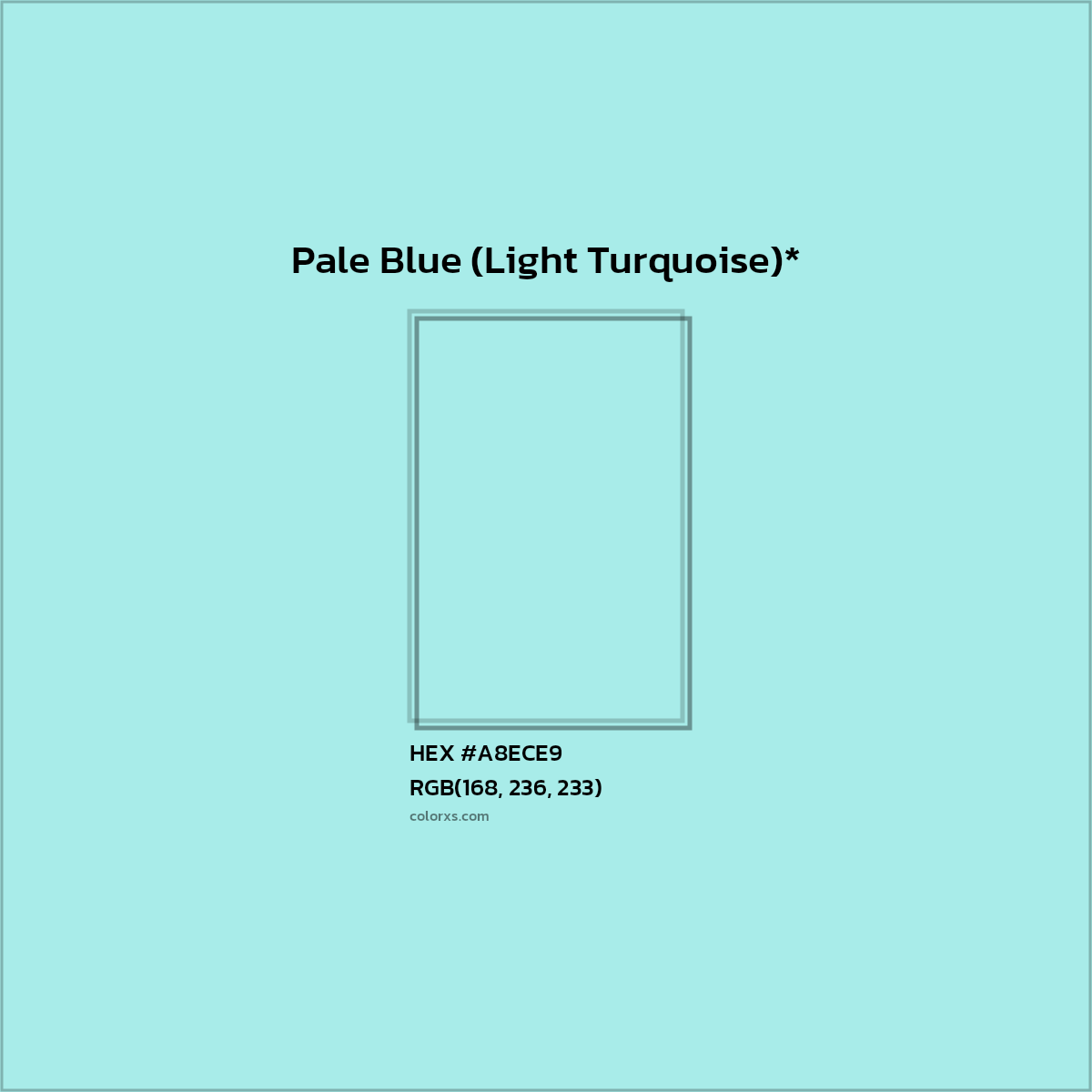 #A8ECE9 hex color. RGB, RYB, CMYK, HSL, HSV codes and color conversions. Matching color names, palettes, paints.