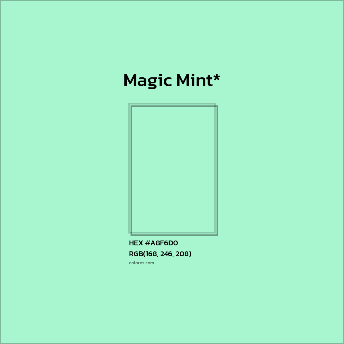 #A8F6D0 hex color. RGB, RYB, CMYK, HSL, HSV codes and color conversions. Matching color names, palettes, paints.