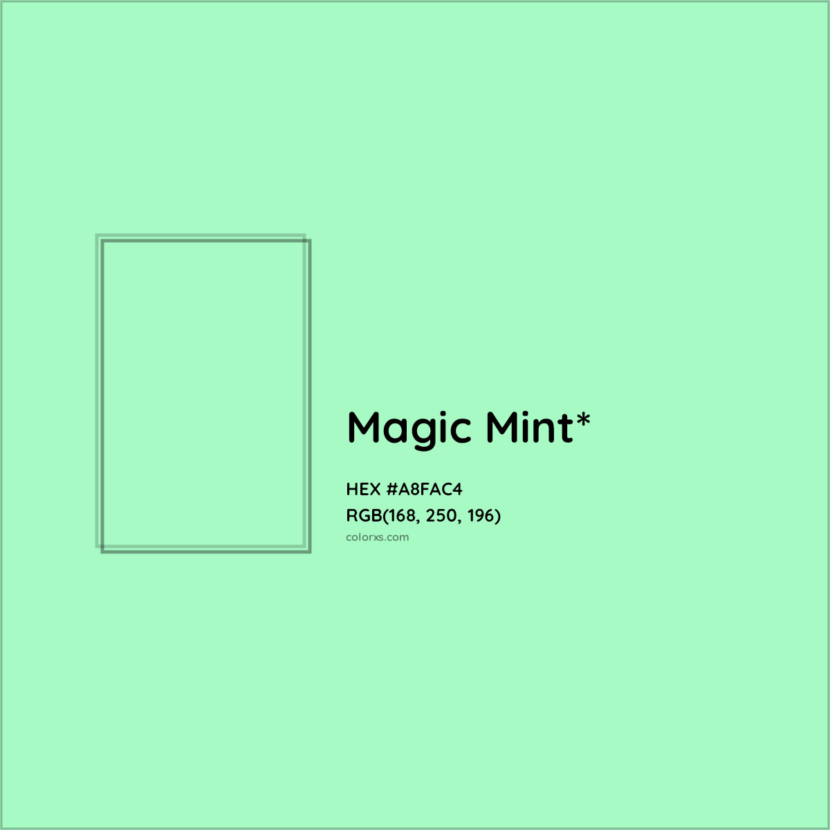 #A8FAC4 hex color. RGB, RYB, CMYK, HSL, HSV codes and color conversions. Matching color names, palettes, paints.