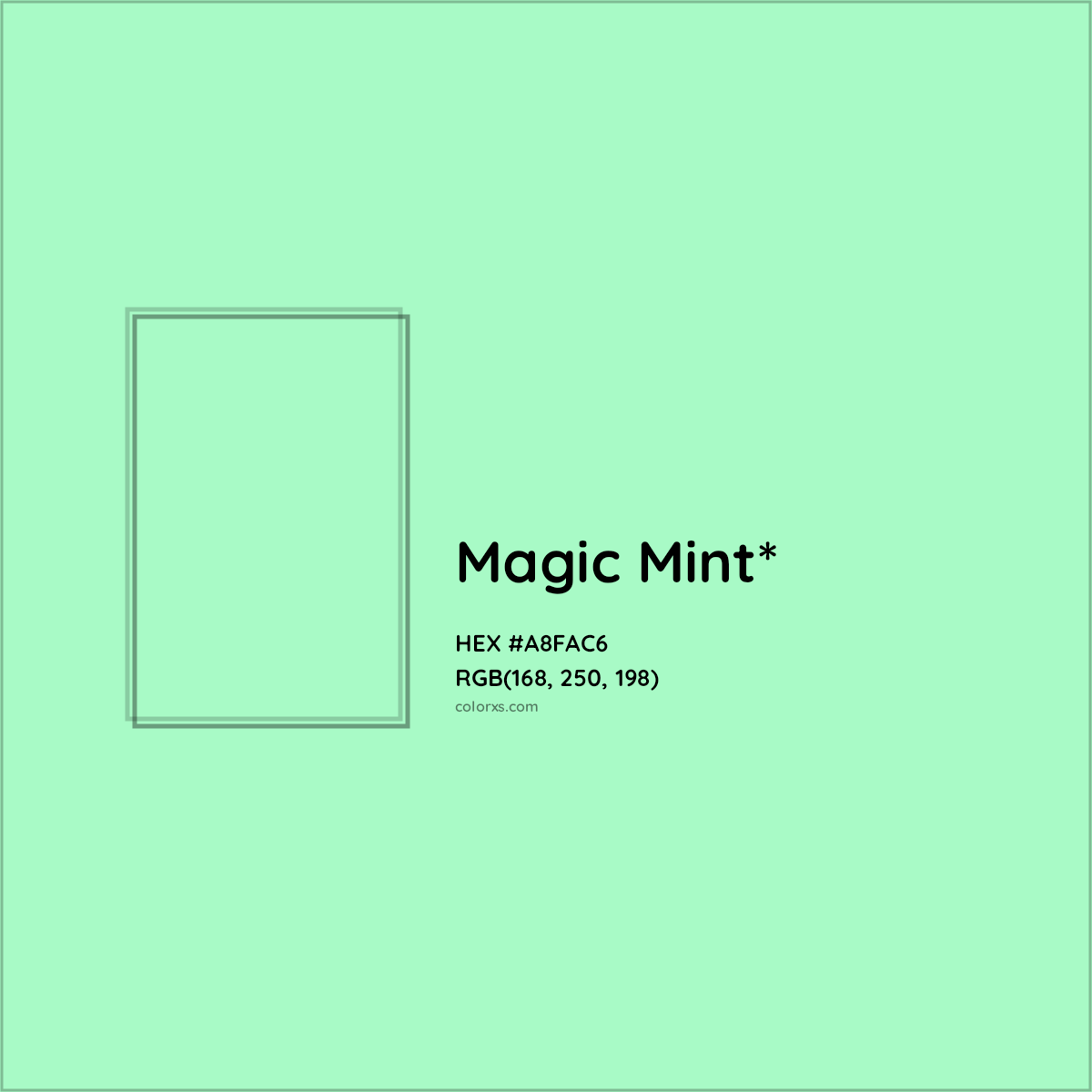 #A8FAC6 hex color. RGB, RYB, CMYK, HSL, HSV codes and color conversions. Matching color names, palettes, paints.
