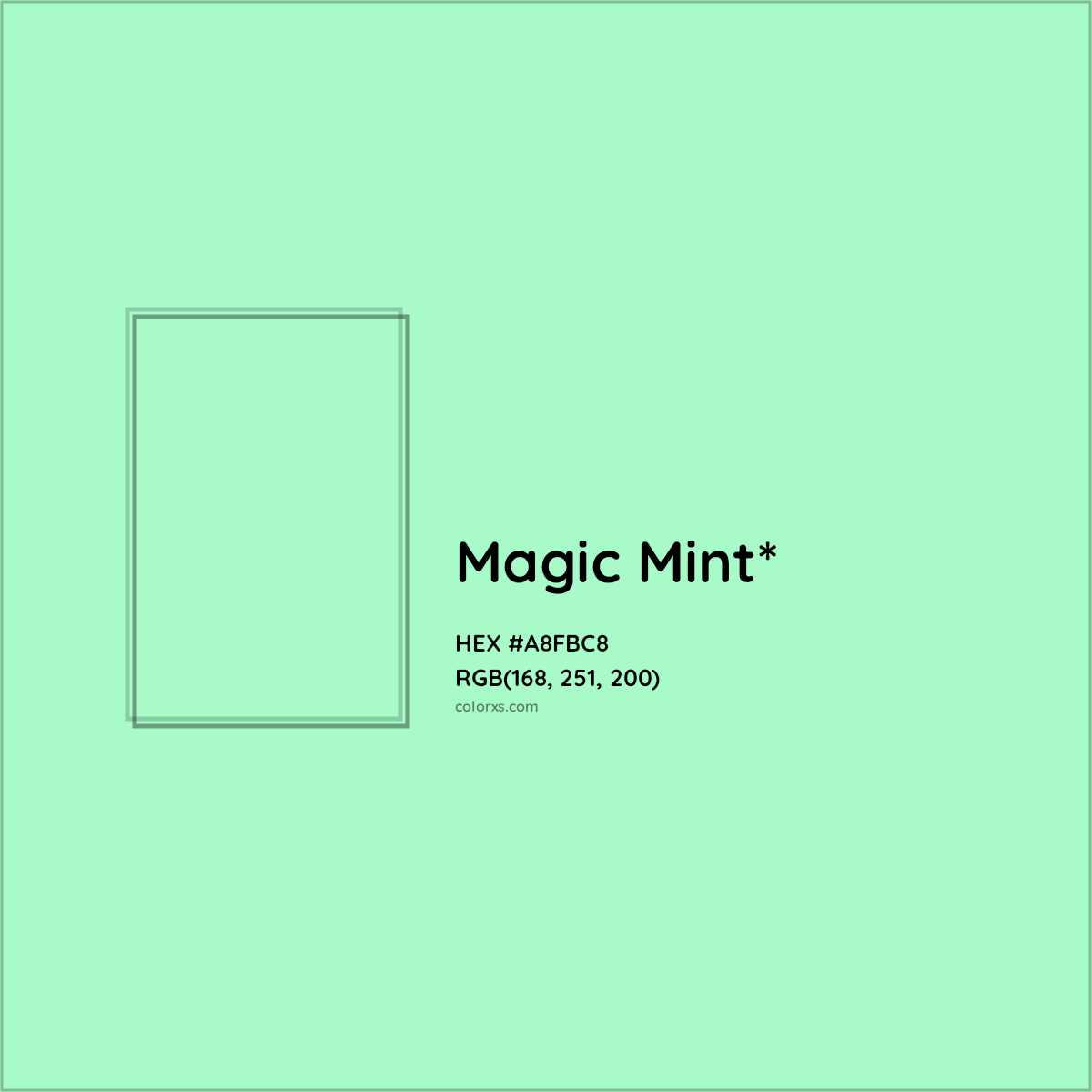 #A8FBC8 hex color. RGB, RYB, CMYK, HSL, HSV codes and color conversions. Matching color names, palettes, paints.