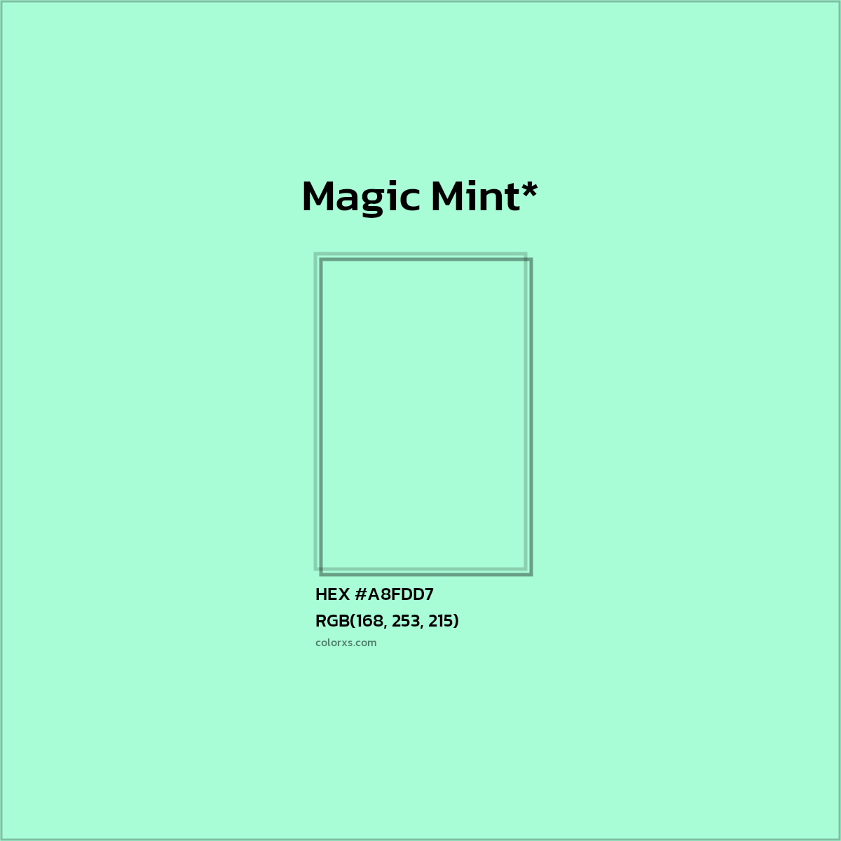 #A8FDD7 hex color. RGB, RYB, CMYK, HSL, HSV codes and color conversions. Matching color names, palettes, paints.