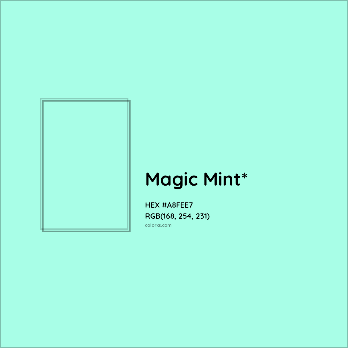 #A8FEE7 hex color. RGB, RYB, CMYK, HSL, HSV codes and color conversions. Matching color names, palettes, paints.